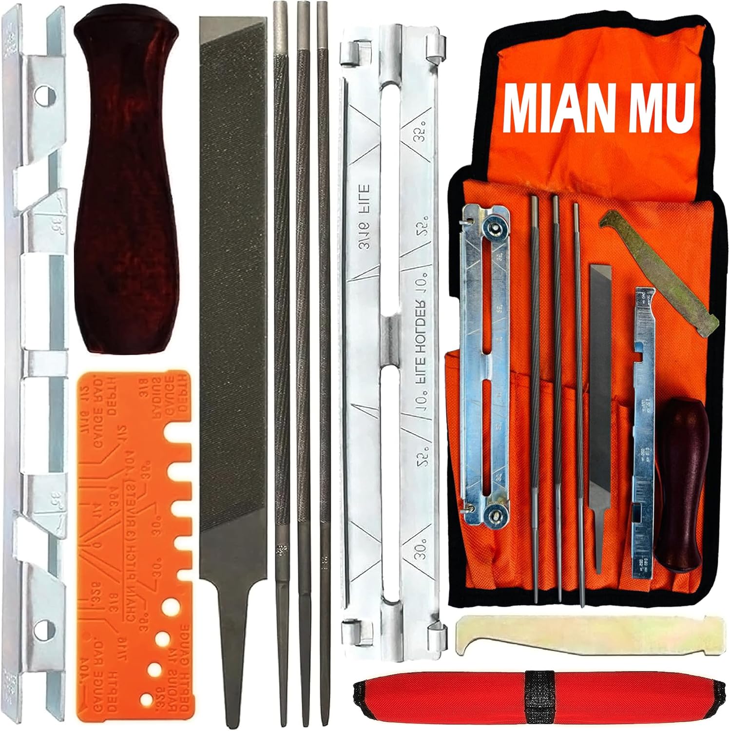 Chainsaw Sharpener File Kit – 9 PCS Universal Chainsaw Filing Set with Round & Flat Files, Depth Gauge, File Guide, Handle & Roll-Up Pouch for Chain Maintenance